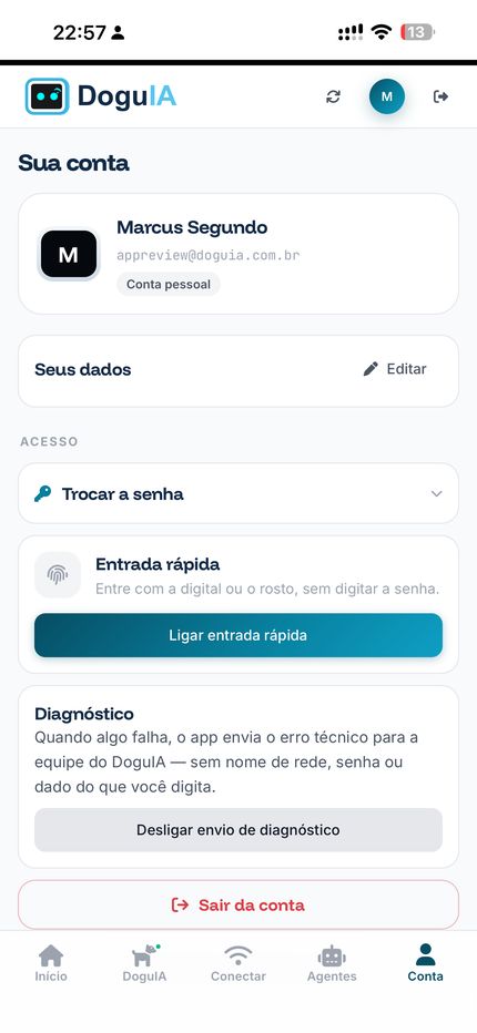 A tela da conta